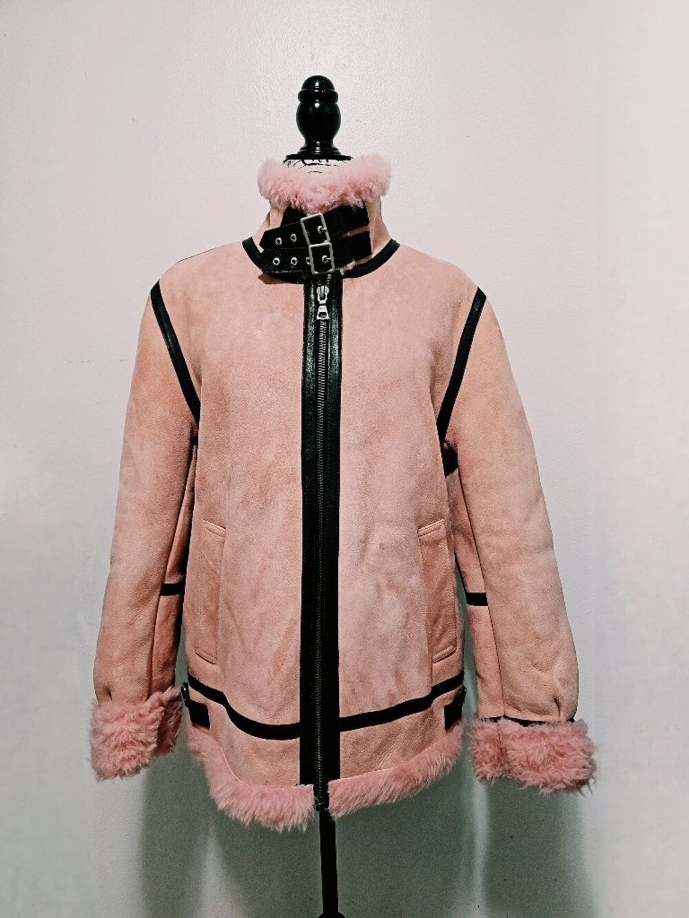 NewReal Sheepskin Shearling Lamb Fur Suede Leather Coat Jacket Pink Coral Biker